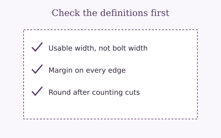 Quilt backing measurement checklist with usable width, joined edges and purchase rounding